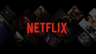 Netflix logo with cover art for movies and TV shows on a black background behind it