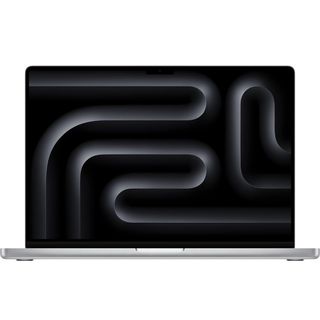 MacBook Pro 16-inch (M3 Max, 2023) in silver on a white background facing you with the display on