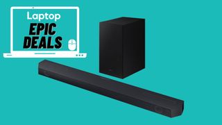 Samsung Q600C soundbar with subwoofer against turquoise background