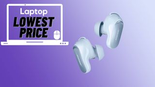 Bose QuietComfort Ultra Earbuds in blue colorway against purple gradient background