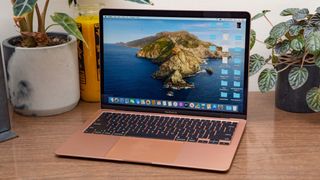 13-inch MacBook Air in Gold sitting on a desk between some potted plants