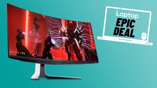 Alienware AW3423DW curved QD-OLED gaming monitor against turquoise gradient background